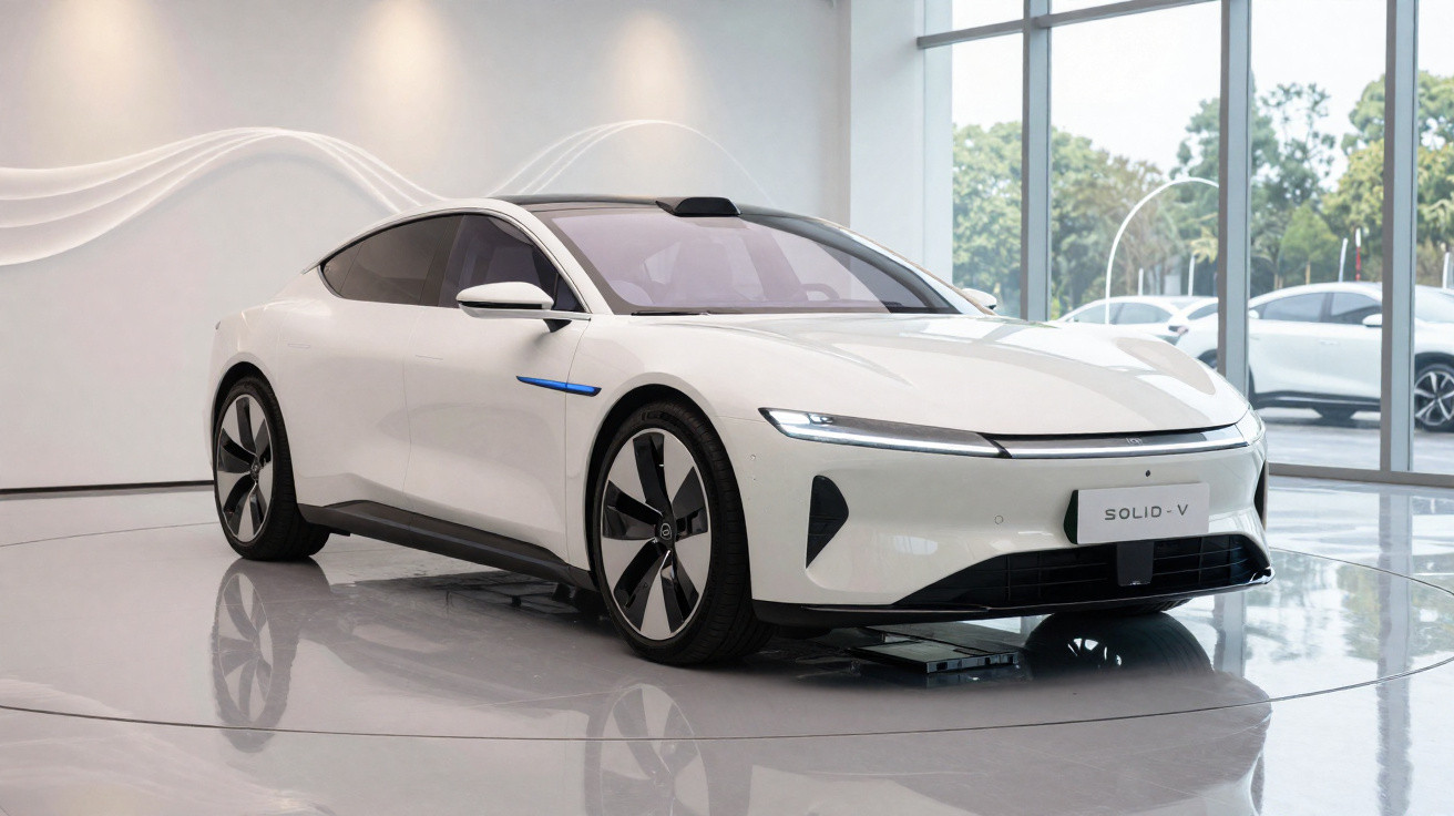 Carro elétrico branco moderno com design aerodinâmico em ambiente de showroom iluminado.