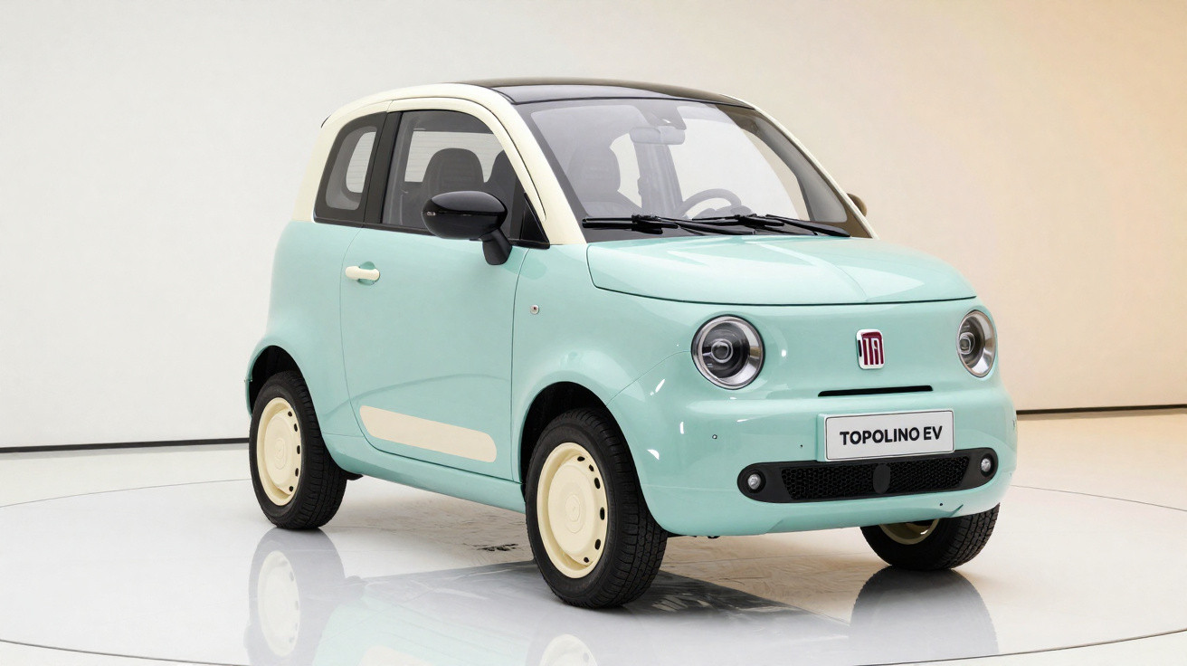 Carro elétrico compacto Fiat Topolino EV cor verde claro com teto branco em fundo neutro.