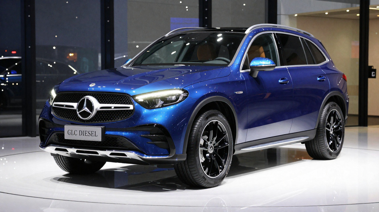 SUV Mercedes-Benz GLC Diesel azul exibido em salão com rodas pretas e interior marrom.