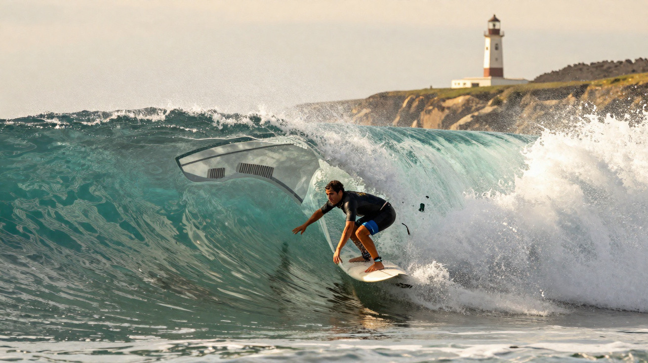 Surfista dentro da crista de uma onda em praia com farol ao fundo em dia claro.