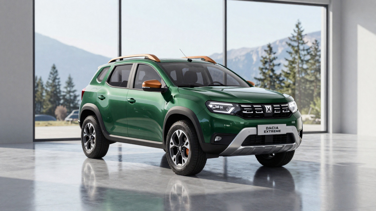 SUV verde Dacia Extreme estacionado em ambiente interno com grandes janelas e vista para árvores e montanhas.