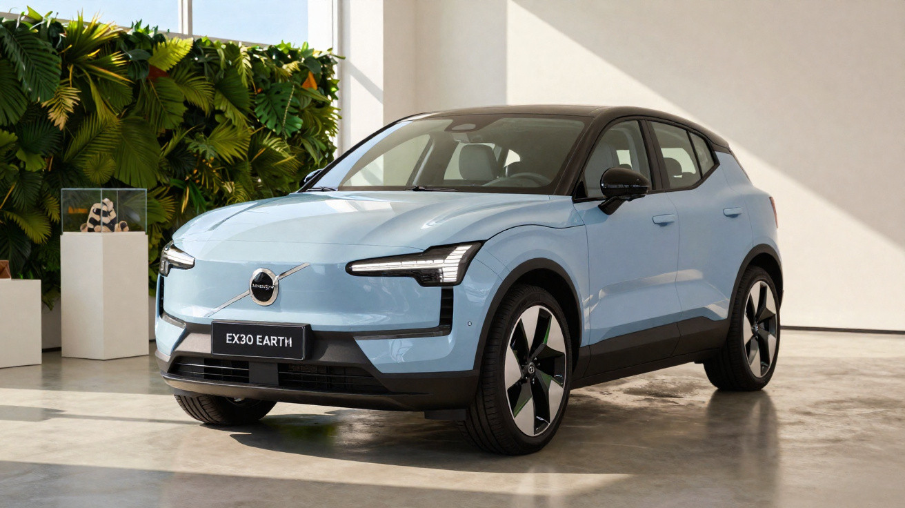 Carro elétrico Volvo EX30 Earth azul em ambiente interno com parede branca e plantas ao fundo.