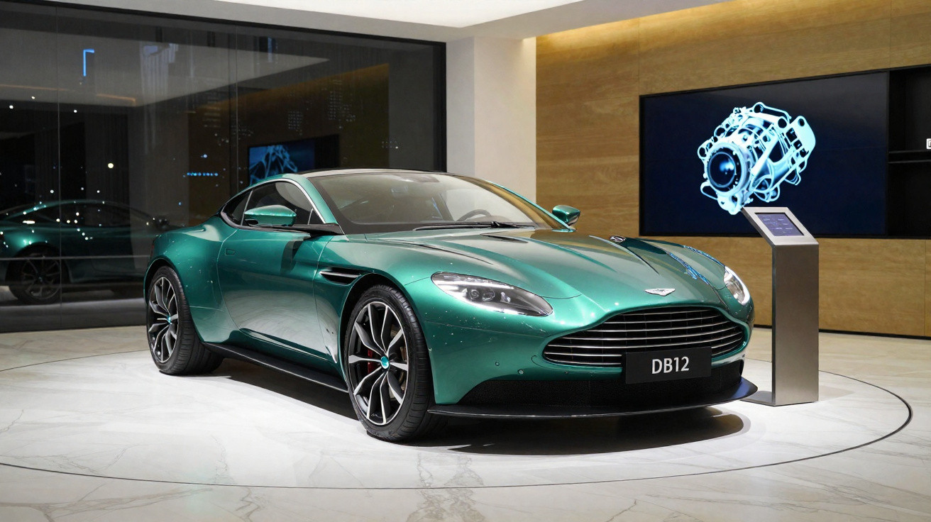 Carro esportivo verde Aston Martin DB12 exibido em showroom moderno com piso branco e parede amarela.