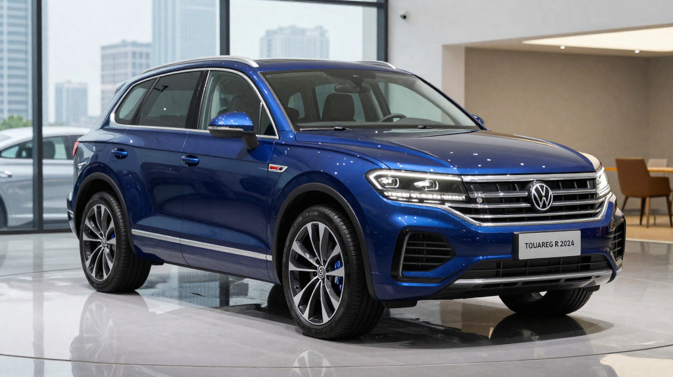 SUV Volkswagen Touareg R 2024 azul exibido em showroom moderno com piso brilhante e vistas urbanas.
