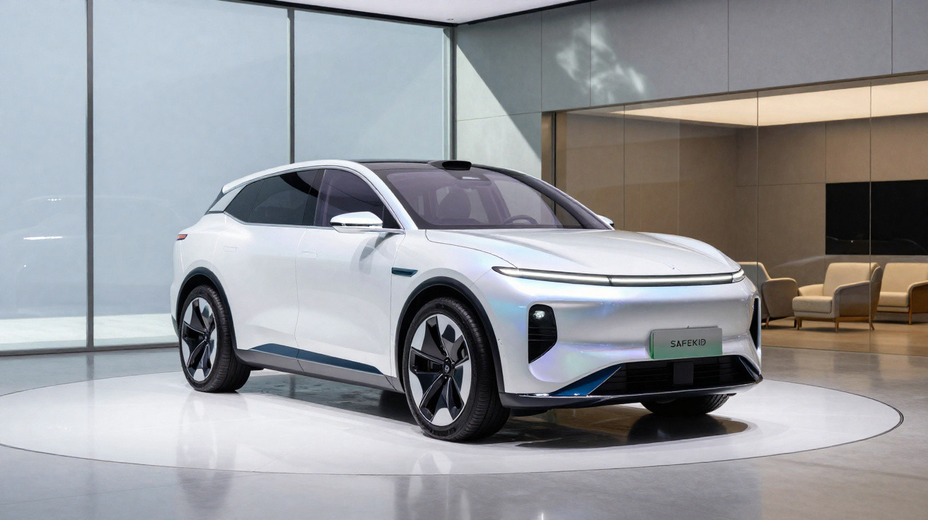Carro elétrico branco estacionado em ambiente interno moderno com grandes janelas de vidro.