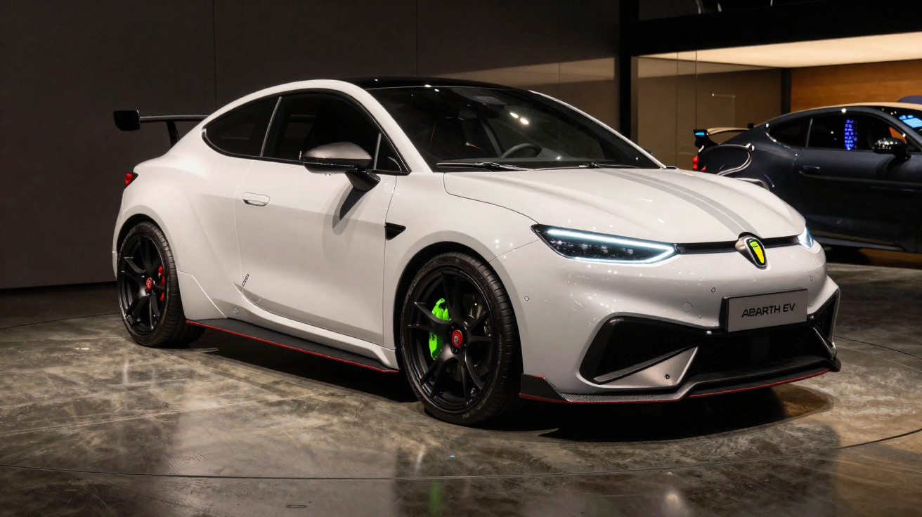 Carro esportivo elétrico branco Abarth EV em exibição, com rodas pretas e detalhes em verde e vermelho.