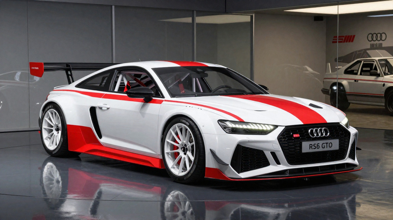 Carro esportivo Audi RS6 GTO branco com detalhes vermelhos em showroom moderno e refletivo.