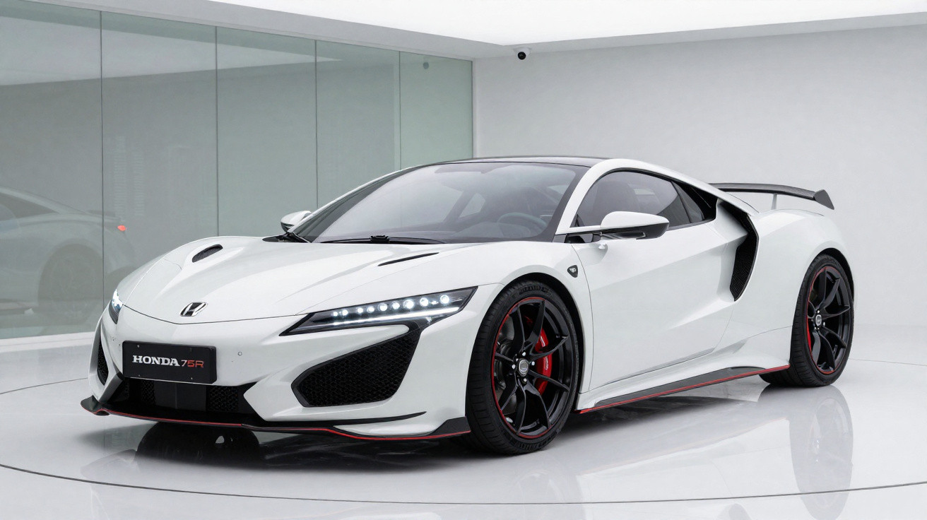 Carro esportivo Honda NSX branco com detalhes pretos e vermelhos em ambiente moderno e minimalista.
