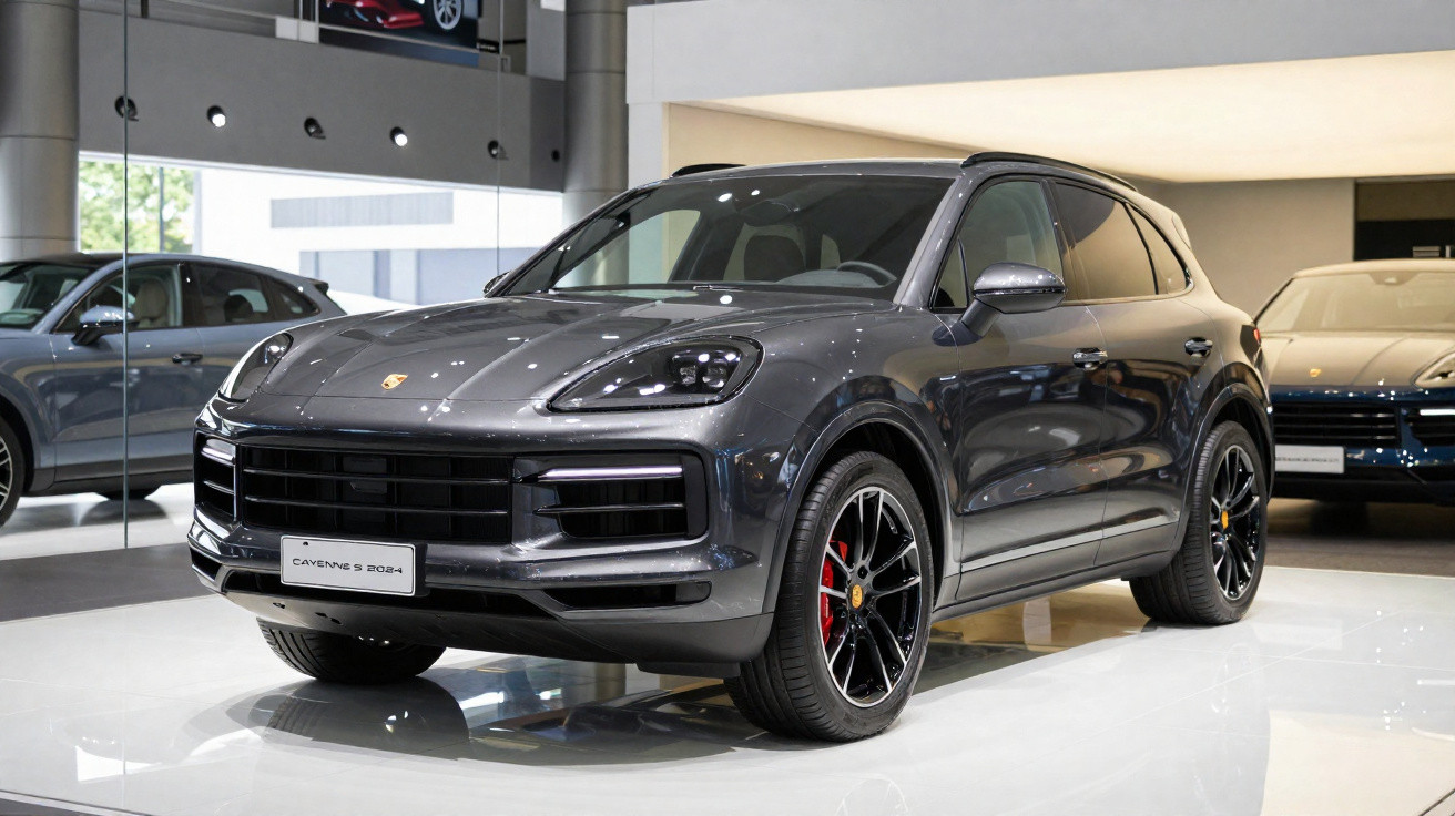 Carro SUV Porsche Cayenne S 2024 cinza em exposição em showroom moderno e iluminado.