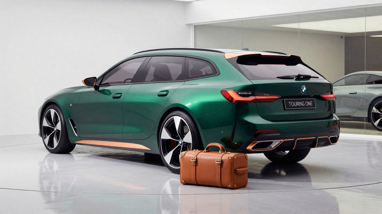 Carro BMW Touring One verde metálico estacionado em ambiente interno com mala de couro marrom ao lado.