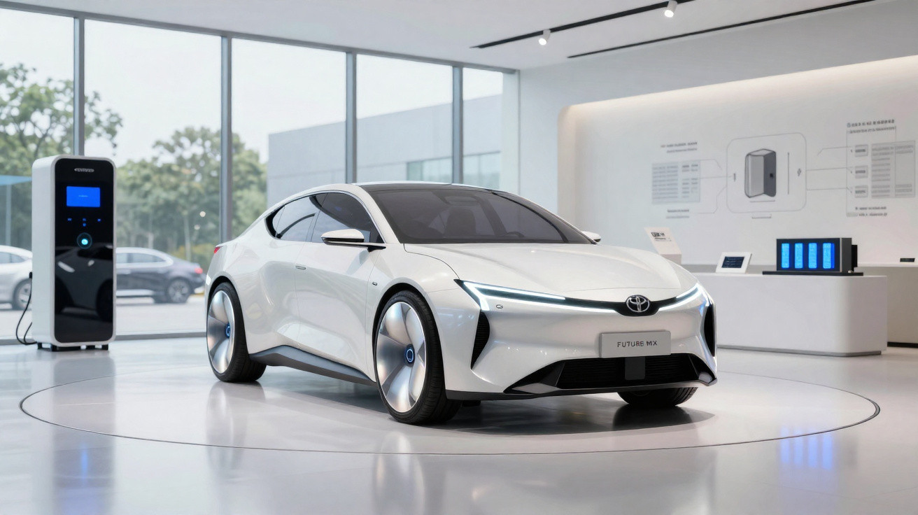 Carro elétrico branco Toyota Future RX exibido em showroom moderno com carregador ao fundo.