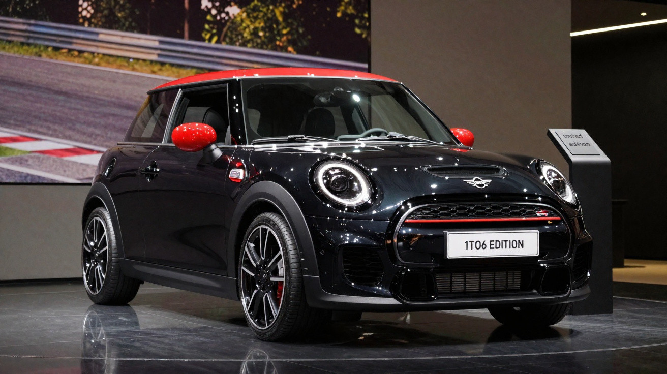 Carro Mini Cooper John Cooper Works preto com teto e retrovisores vermelhos em exposição.