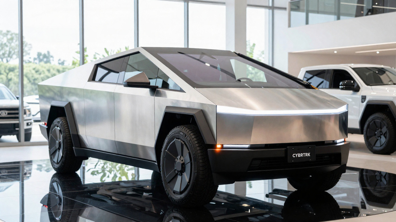 Picape elétrica Tesla Cybertruck prateada em exposição interna, com design futurista e farol de LED contínuo.