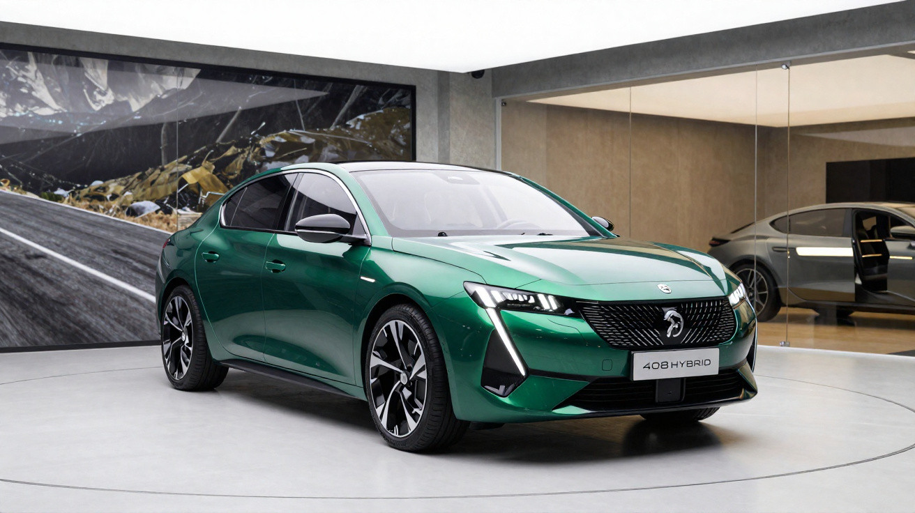 Carro verde Peugeot 408 Hybrid exibido em showroom moderno com parede de vidro e pintura montanhosa ao fundo.
