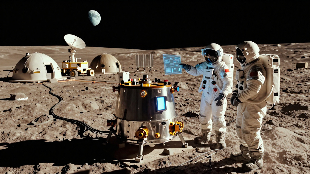 Dois astronautas em traje espacial interagem com equipamento tecnológico em base lunar com cúpulas e Terra ao fundo.