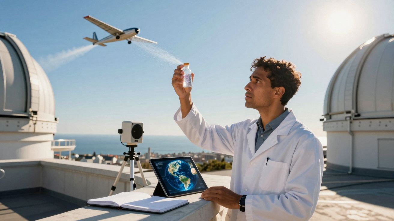 Cientista em jaleco observa frasco com líquidos enquanto avião pulveriza substância no céu em instalação observacional.
