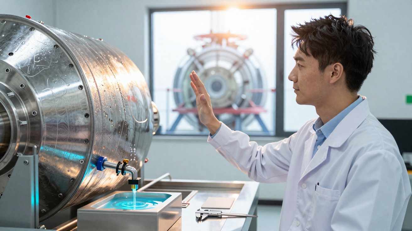 Cientista em jaleco operando equipamento industrial de metal em laboratório moderno com janela ao fundo.