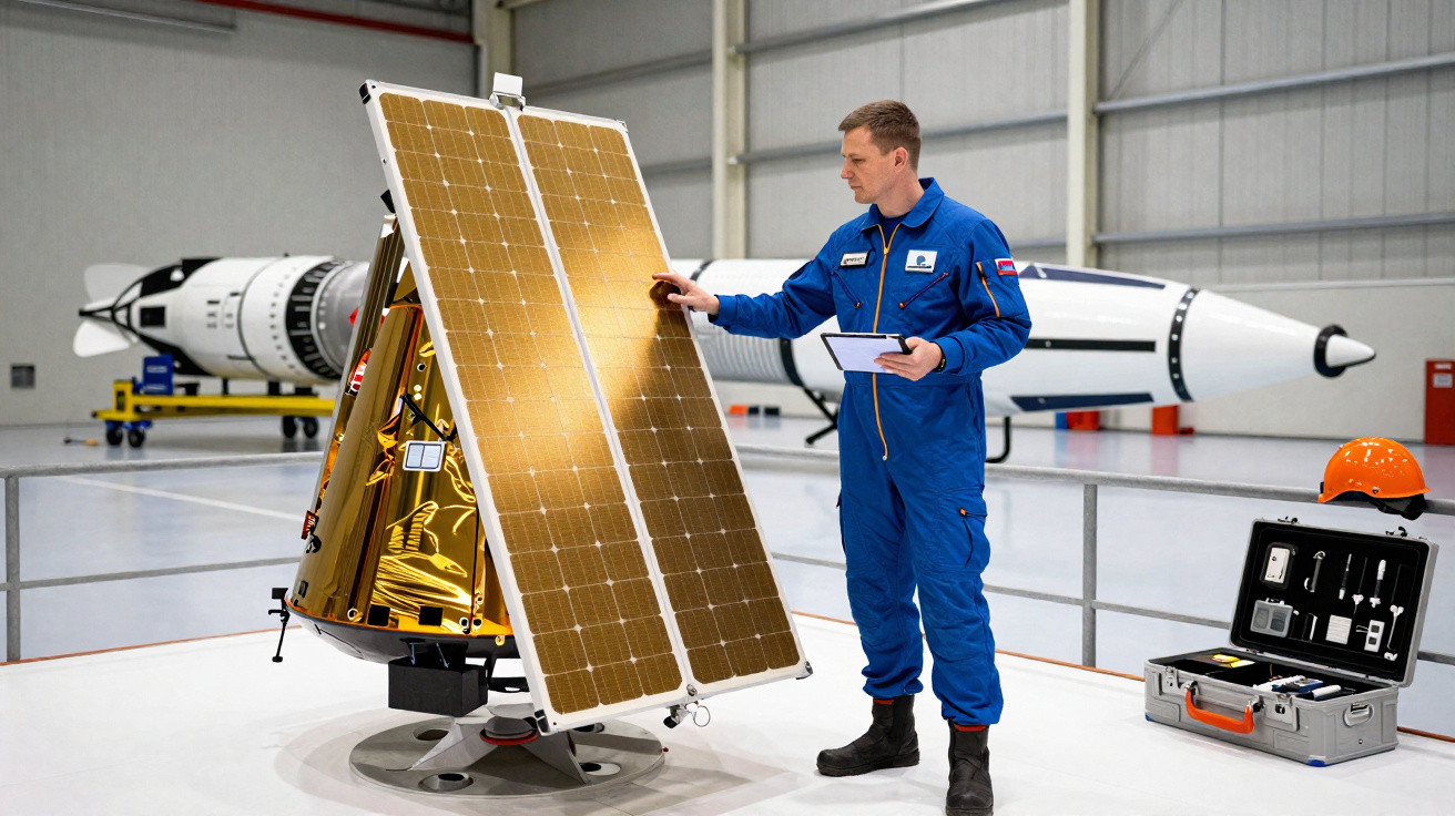 Homem de macacão azul inspeciona painel solar de satélite em hangar com foguetes ao fundo.