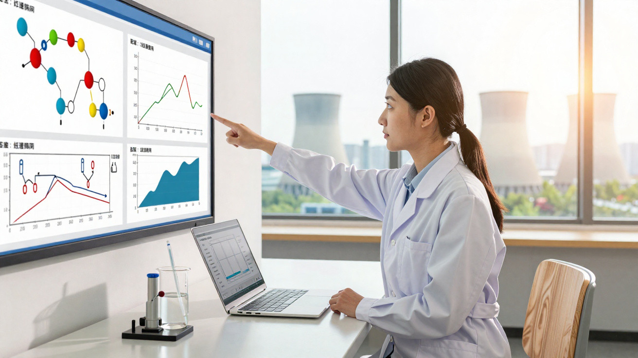 Cientista mulher analisando gráficos e dados científicos em tela grande com laptop em laboratório moderno.