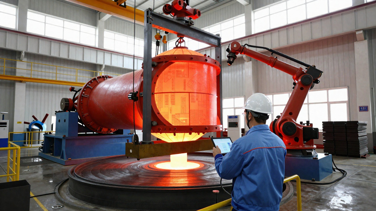 Trabalhador com capacete monitora forno industrial com peça de metal incandescente em fábrica moderna.
