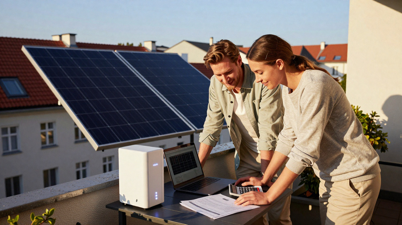 Casal calcula economia de energia com painel solar em varanda residencial ensolarada.