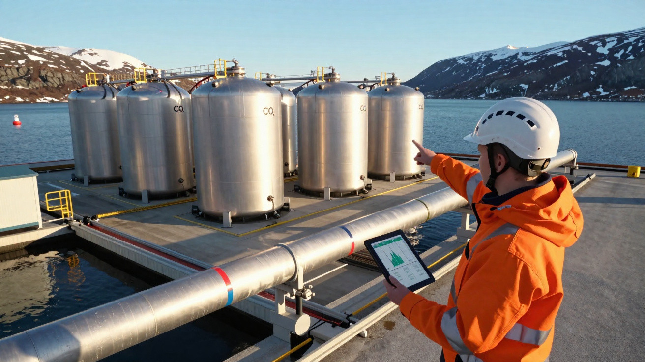 Técnico em equipamento de proteção laranja verifica válvulas de tanques industriais de CO2 perto de água com montanhas ao fun