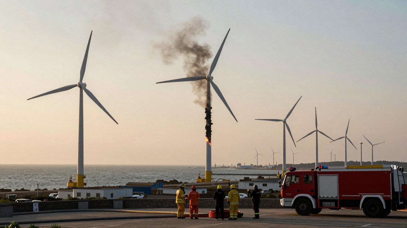 Turbina eólica em chamas com fumaça preta, bombeiros e caminhão de incêndio ao lado, próximo ao mar.