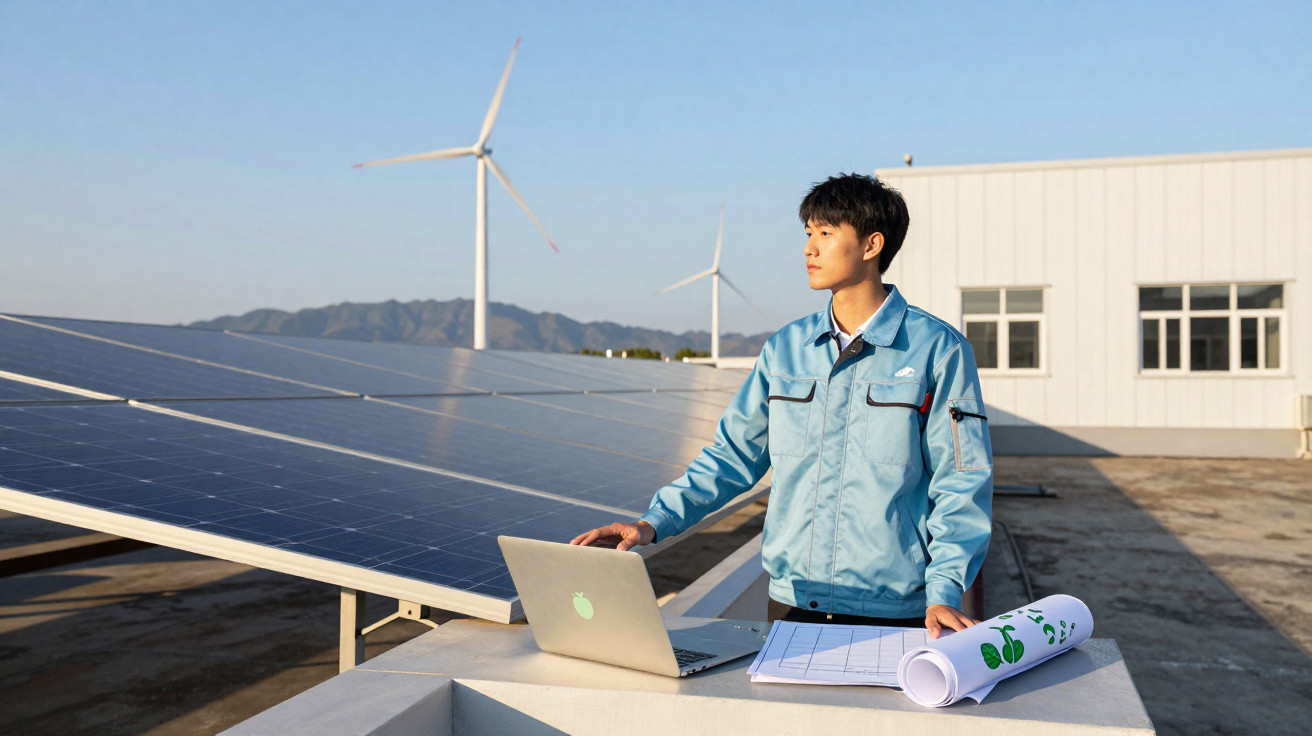 Engenheiro em jaqueta azul observa painéis solares com laptop e plantas, com turbinas eólicas ao fundo.