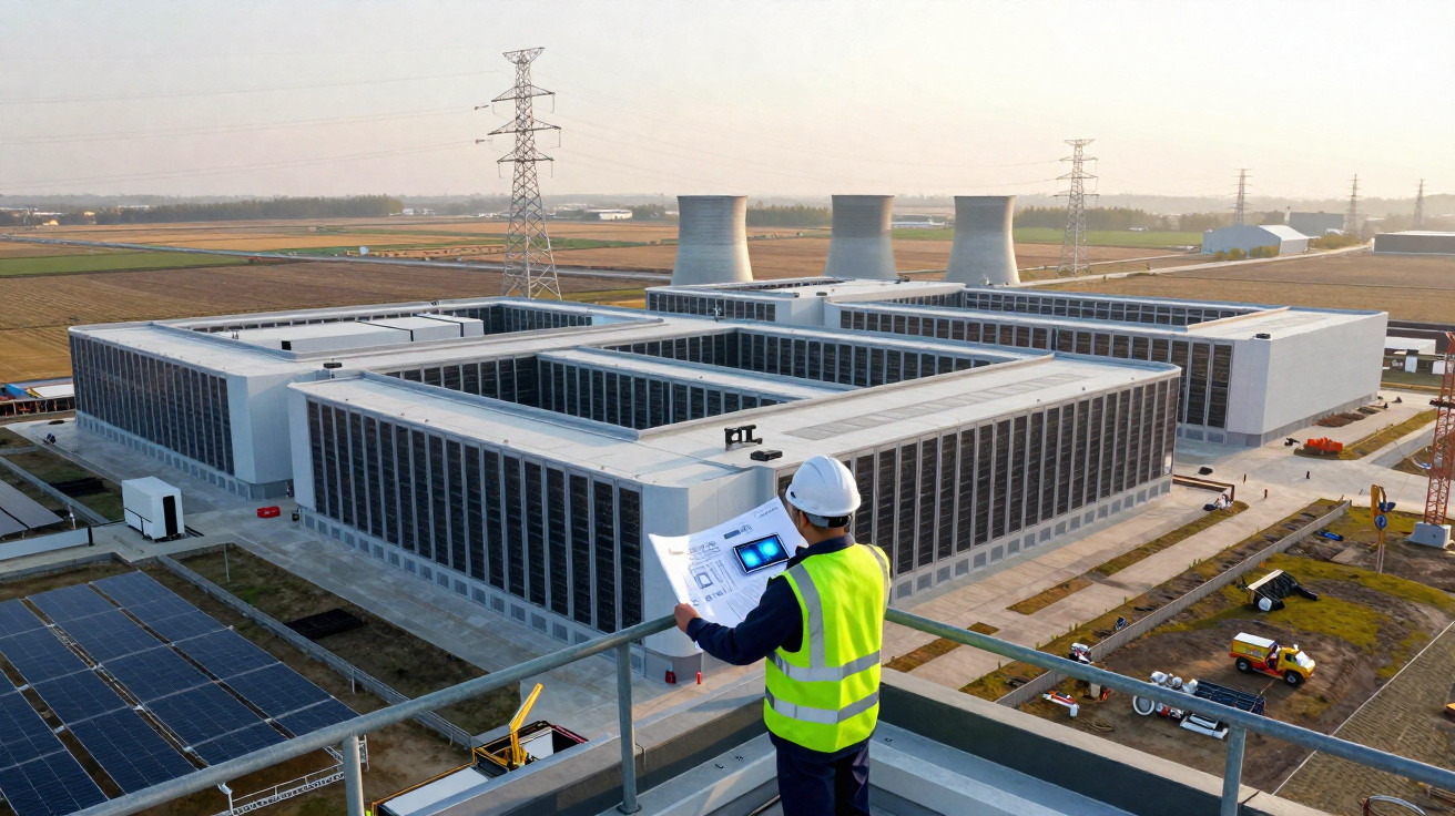 Engenheiro com colete e capacete revisa planta em usina de energia com painéis solares e torres de resfriamento.