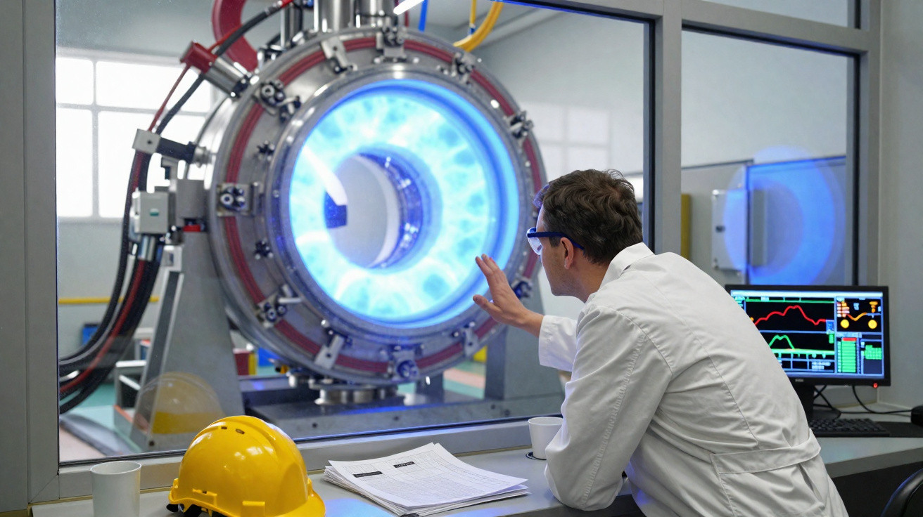 Cientista observa reação em equipamento tecnológico com luz azul brilhante em laboratório moderno.