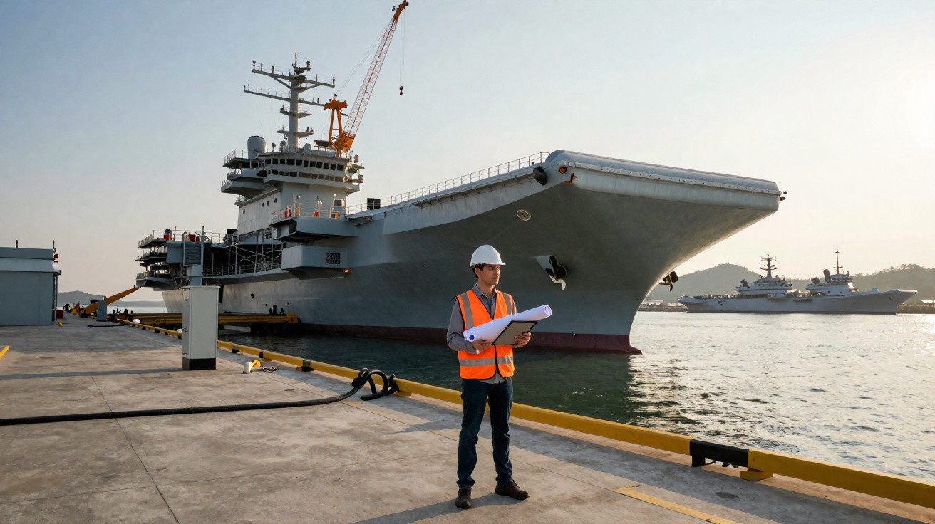 Homem com capacete e colete laranja segura plantas em cais próximo a um grande navio de guerra ancorado.
