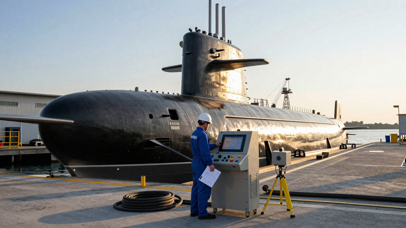 Submarino militar preto ancorado em doca com operador em uniforme azul e capacete branco ao lado de painel de controle.