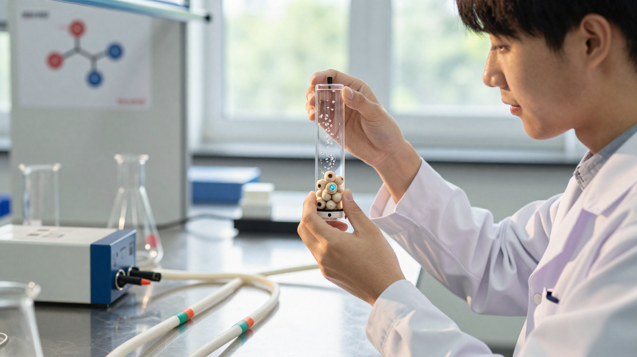 Jovem cientista em jaleco segurando tubo de ensaio com modelo molecular em laboratório.
