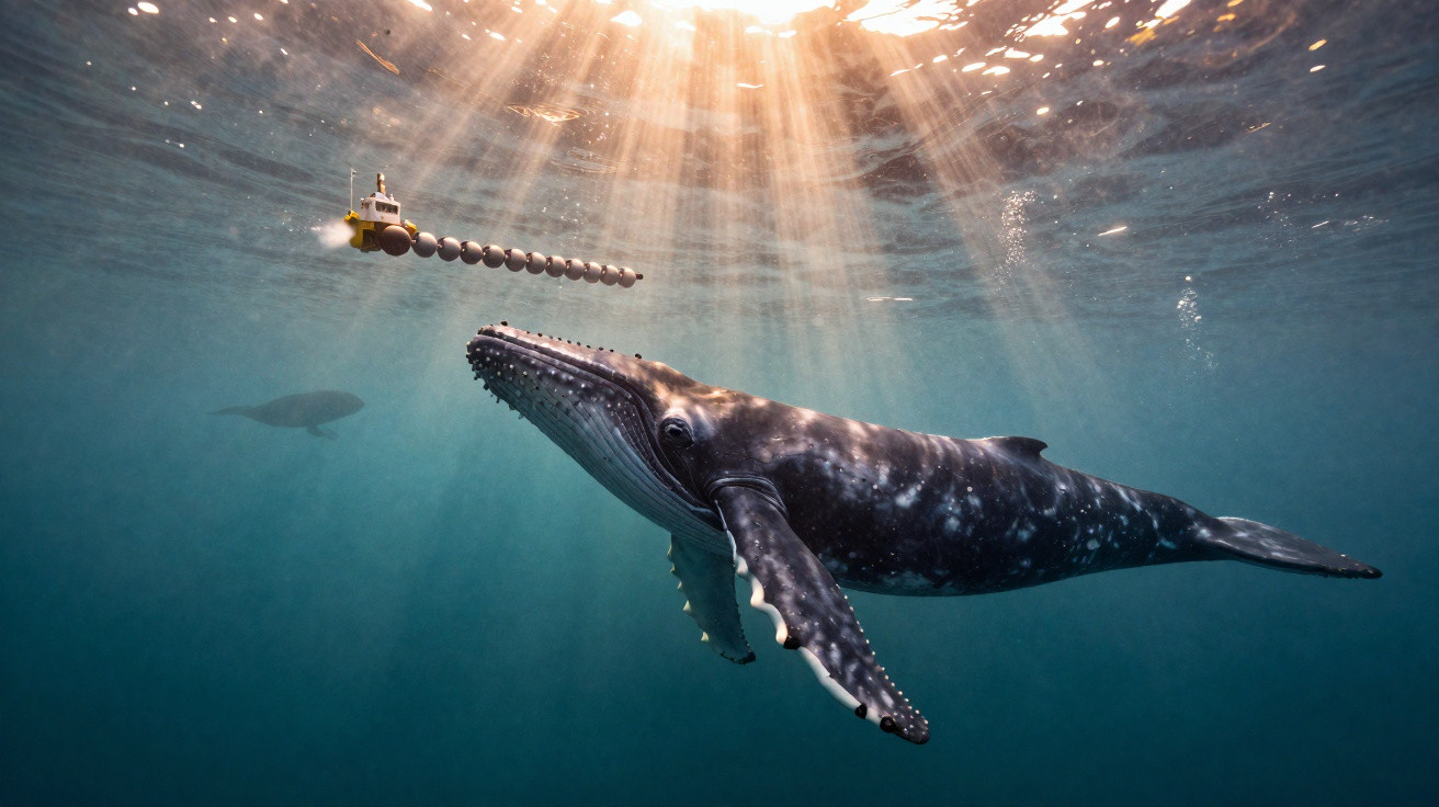 Baleia jubarte submersa próxima a dispositivo flutuante com luzes em profundidade oceânica iluminada.