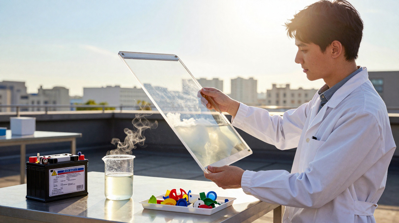 Homem de jaleco branco analisando painel solar transparente em ambiente externo durante o dia.