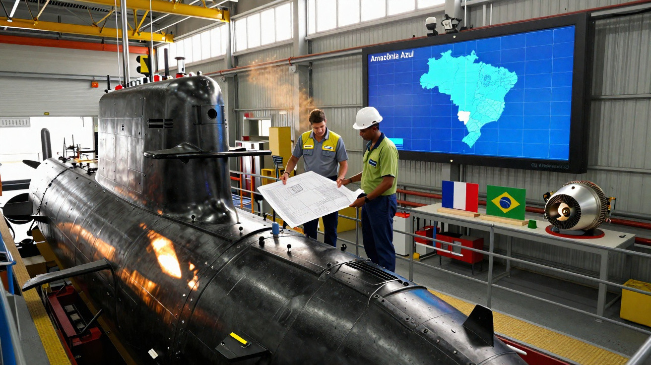 Dois homens inspeccionam planta ao lado de submarino preto em fábrica, com tela mostrando mapa do Brasil ao fundo.