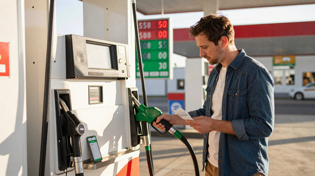 Homem consulta nota fiscal enquanto abastece veículo em posto de gasolina.