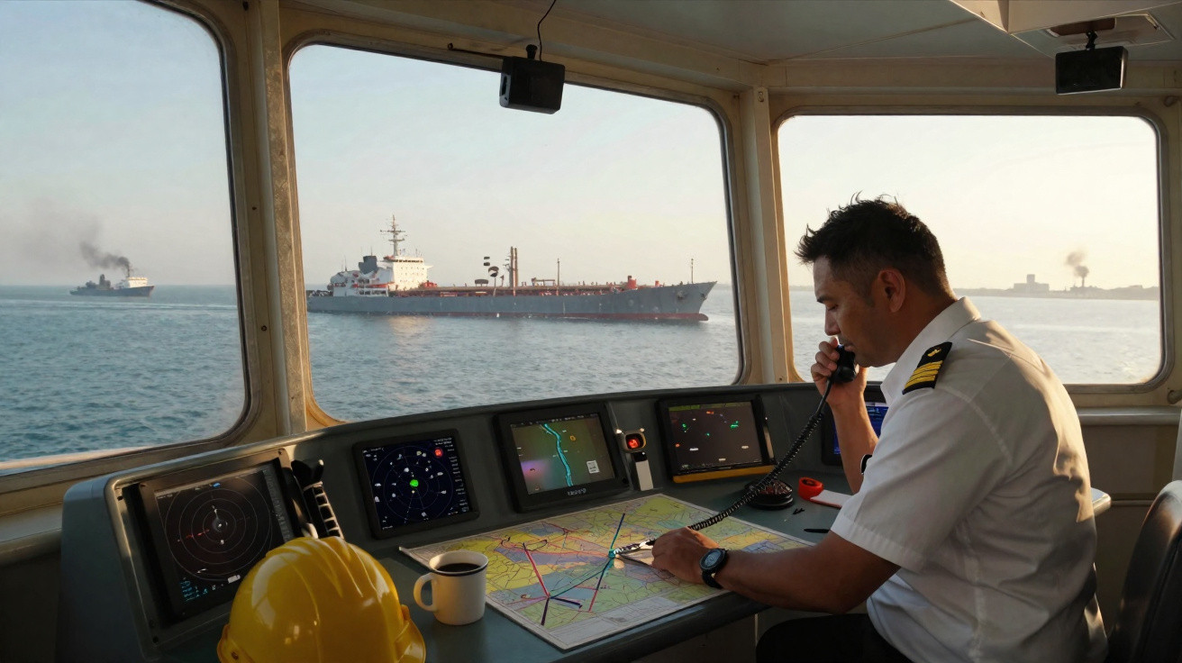 Marinheiro usando rádio na cabine de comando de navio com radar, mapa e navios ao fundo no mar.
