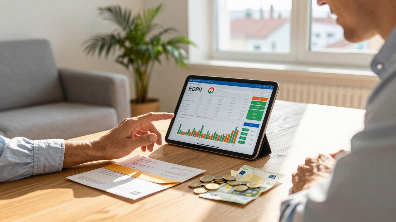 Duas pessoas analisando gráficos financeiros e documentos com moedas e cédulas sobre a mesa de madeira.