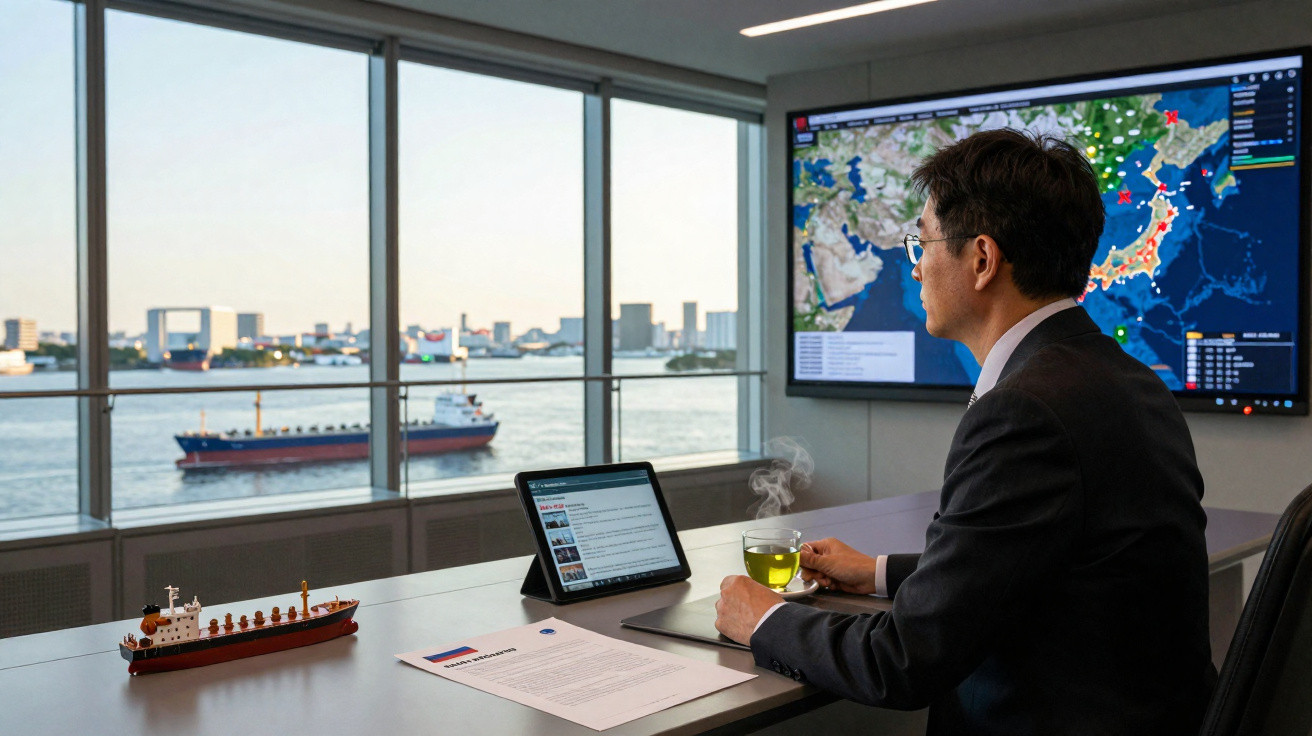 Homem de terno em escritório com vista para porto, segurando xícara de chá, com tablet e mapa digital na parede.