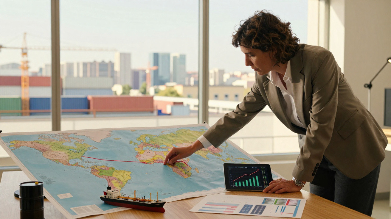 Mulher analisando mapa mundi com gráfico e modelo de navio em mesa próxima a janela.