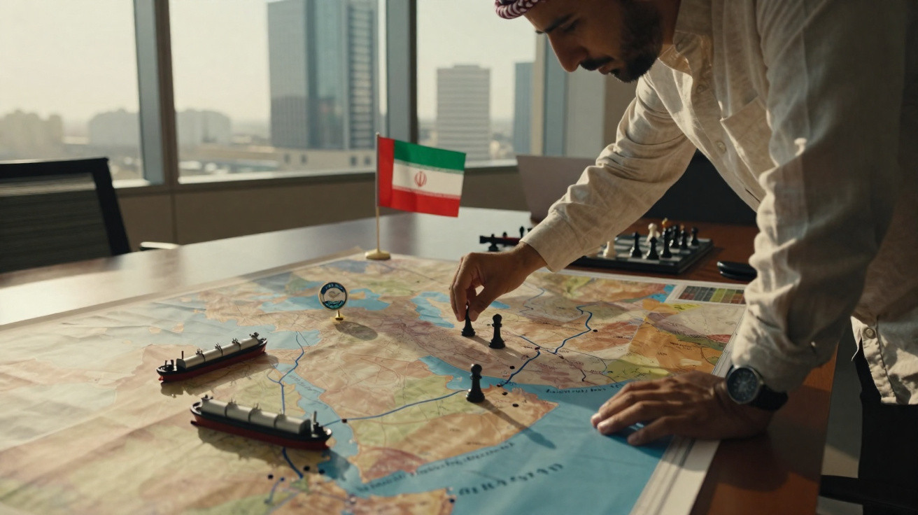 Homem com roupa tradicional árabe movendo peça de xadrez sobre mapa marítimo com navios e bandeira do Irã.