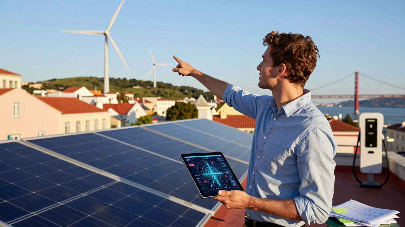 Homem com tablet analisa painéis solares e turbinas eólicas em área urbana ensolarada.