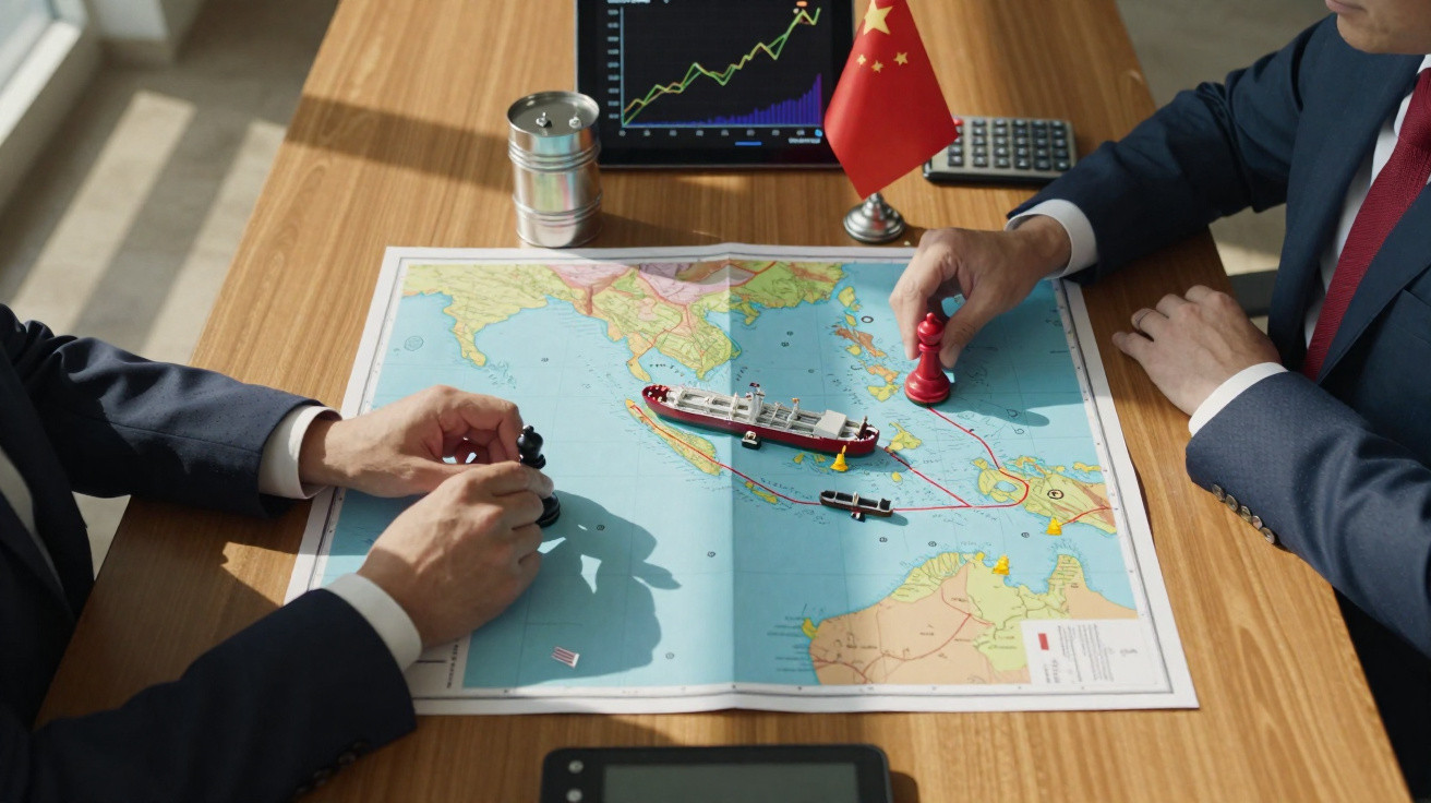 Duas pessoas movem peças em mapa com navios, bandeira da China e gráfico financeiro ao fundo.