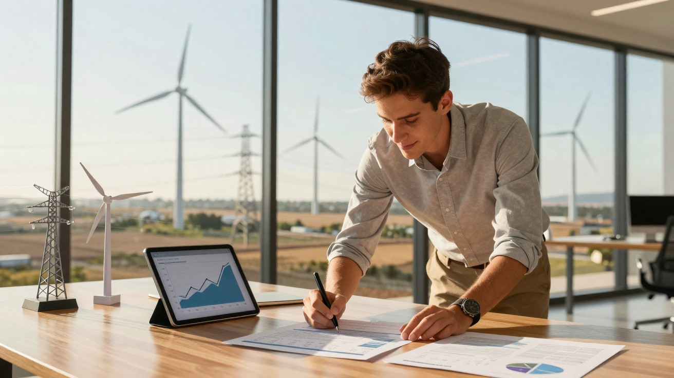 Homem analisando gráficos de energia renovável em escritório com turbinas eólicas visíveis pela janela.