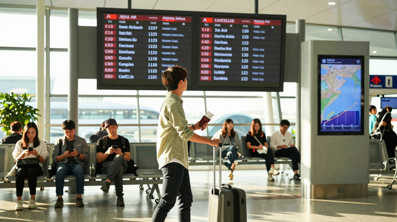 Pessoa com mala de rodinhas observando painéis de voos em área de embarque de aeroporto.