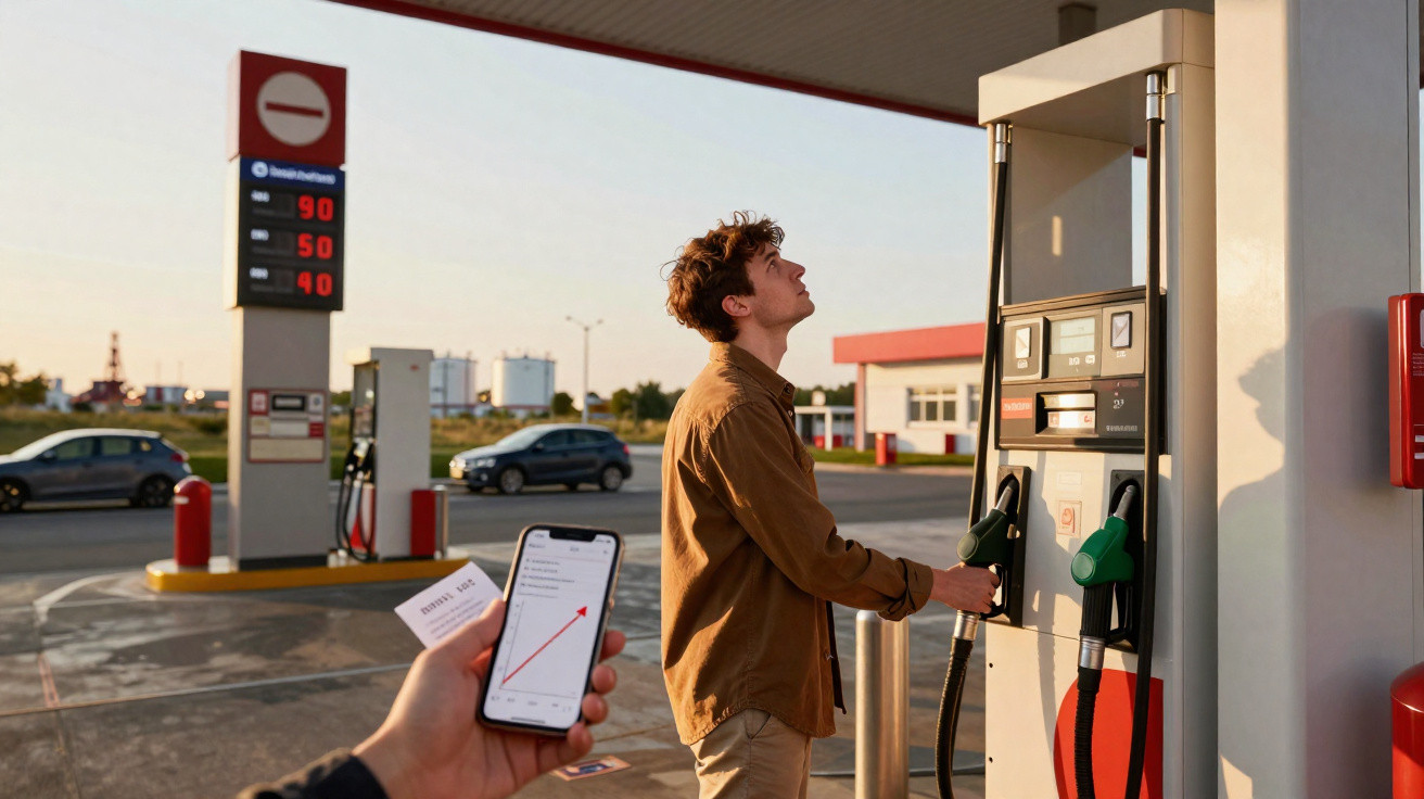Pessoa segurando bomba de combustível enquanto outra mão mostra gráfico de aplicativo no smartphone em posto de gasolina.