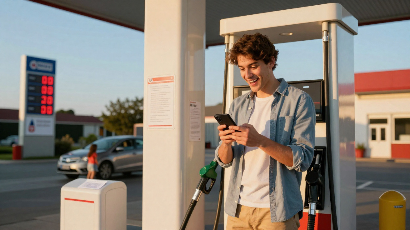 Jovem sorridente usando celular em posto de gasolina ao lado da bomba de combustível.