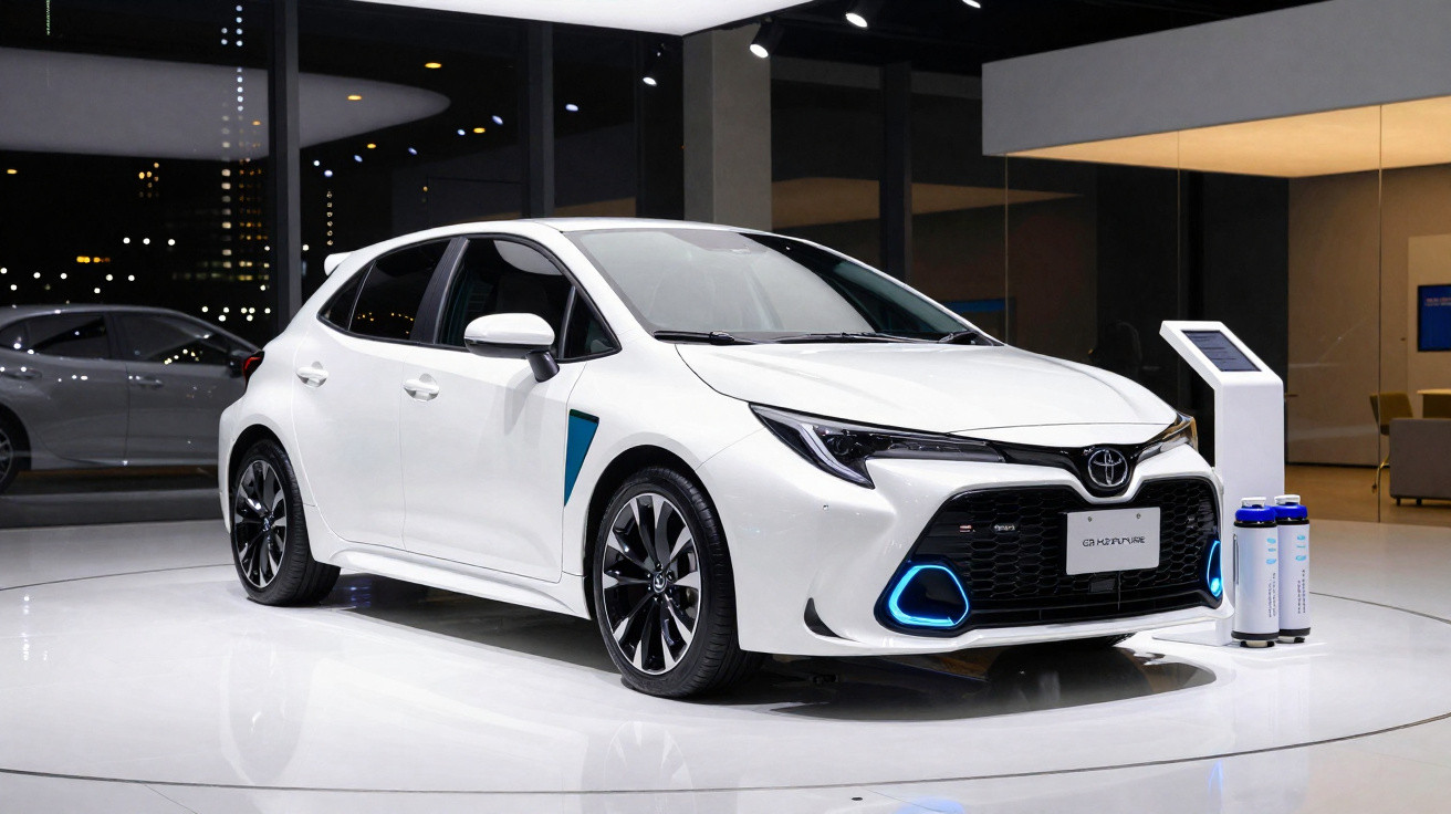 Carro branco esportivo Toyota Corolla híbrido exposto em showroom moderno iluminado à noite.