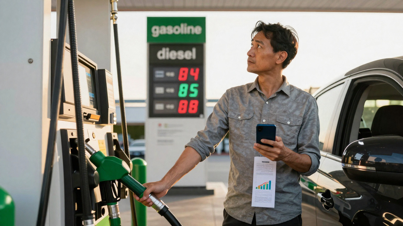 Homem abastecendo carro em posto de gasolina segurando celular e nota fiscal na mão.